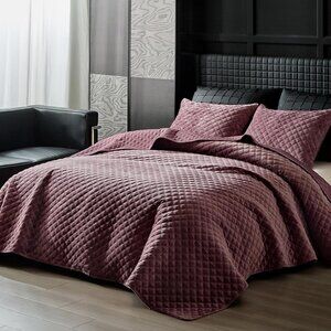 Velvet Quilt Set Plum Purple Textured Coverlet Luxury Glam Romantic Quiet Luxury